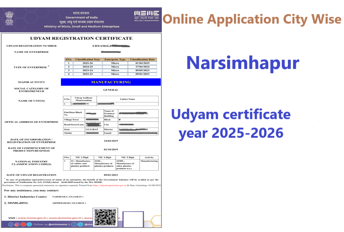 Narsimhapur  Udyam Certificate Year 2025-2026